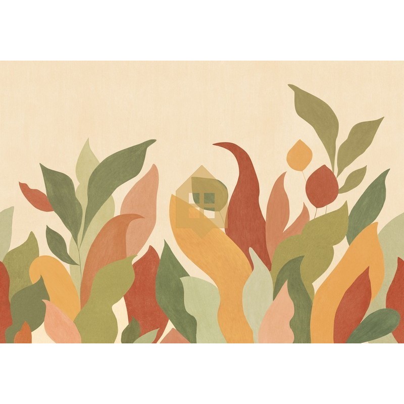 Mural panorámico Lumea de Caselio con diseño de paisaje botánico envolvente y estilizado, colección Elea.