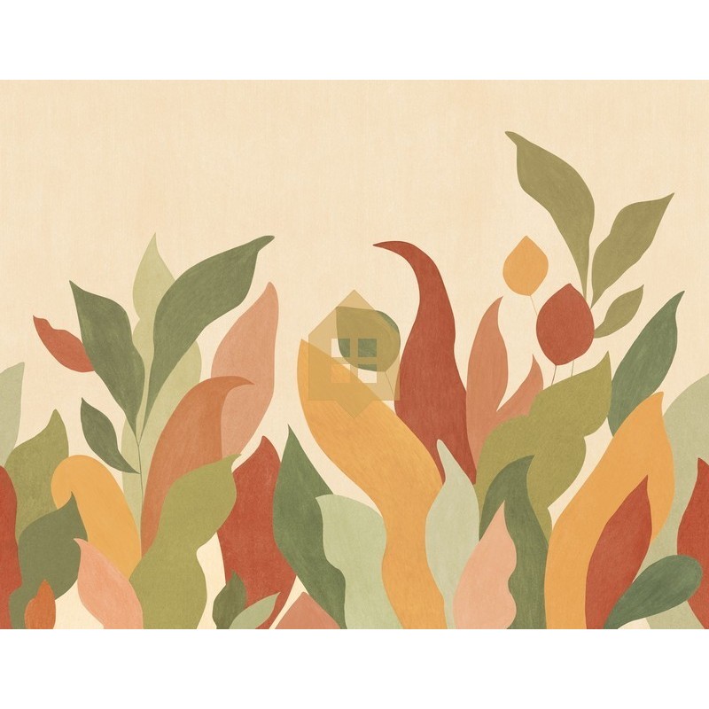 Mural panorámico Lumea de Caselio con diseño de paisaje botánico envolvente y estilizado, colección Elea.