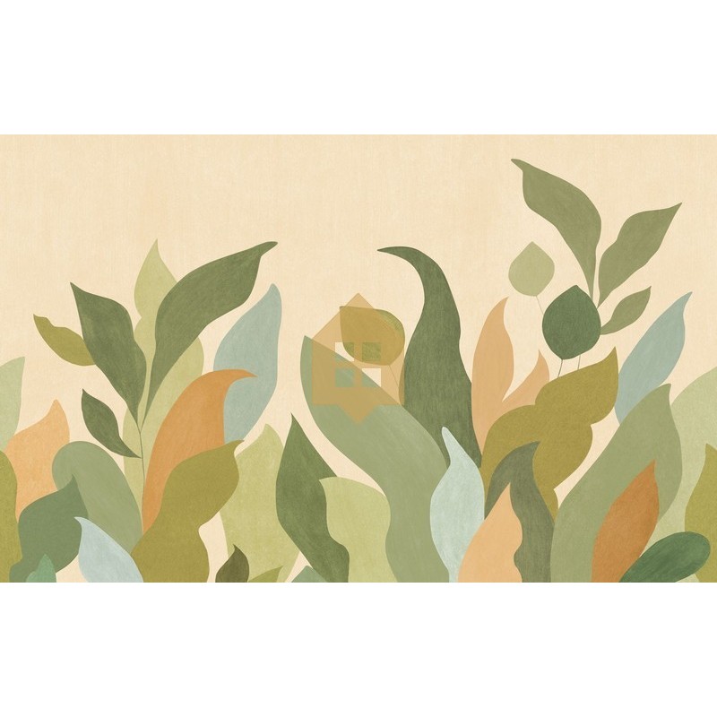 Mural panorámico Lumea de Caselio con diseño de paisaje botánico envolvente y estilizado, colección Elea.