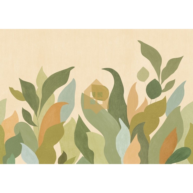 Mural panorámico Lumea de Caselio con diseño de paisaje botánico envolvente y estilizado, colección Elea.