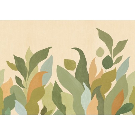 Mural panorámico Lumea de Caselio con diseño de paisaje botánico envolvente y estilizado, colección Elea.