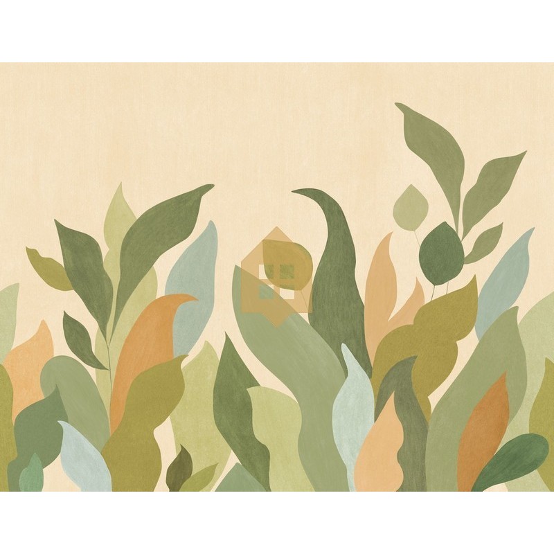 Mural panorámico Lumea de Caselio con diseño de paisaje botánico envolvente y estilizado, colección Elea.