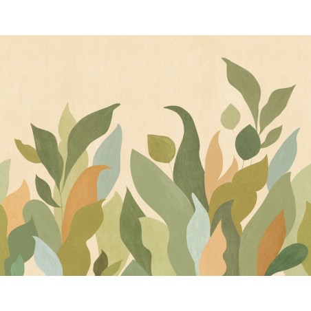 Mural panorámico Lumea de Caselio con diseño de paisaje botánico envolvente y estilizado, colección Elea.