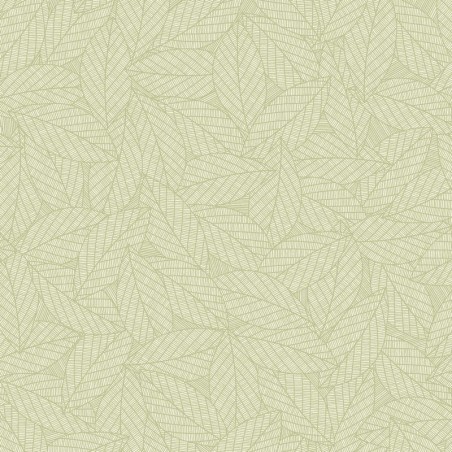 Papel pintado Delora verde almendra, con diseño vegetal aéreo y relieve sutil, colección Elea de Caselio.