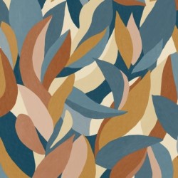 Papel pintado Ephyra azul con diseño vegetal orgánico y efecto de luz solar, colección Elea.