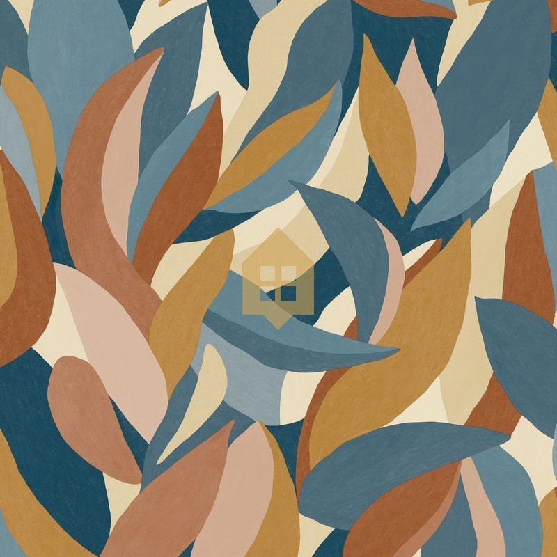 Papel pintado Ephyra azul con diseño vegetal orgánico y efecto de luz solar, colección Elea.