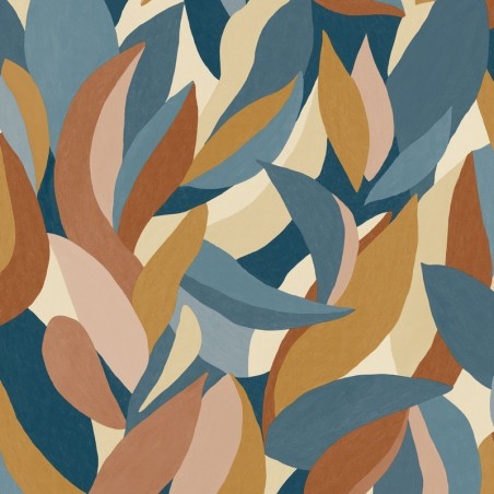 Papel pintado Ephyra azul con diseño vegetal orgánico y efecto de luz solar, colección Elea.