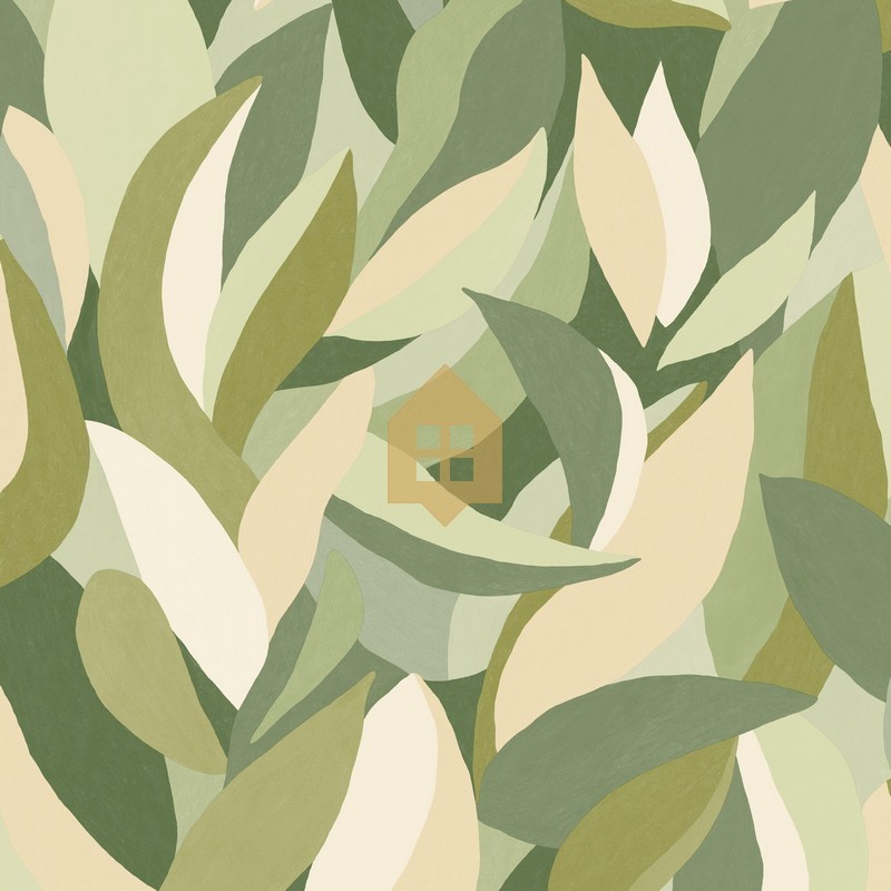 Papel pintado Ephyra verde con diseño vegetal orgánico y efecto de luz solar, colección Elea.