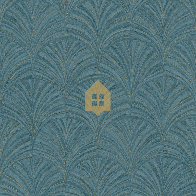 Papel pintado Symphony con diseño de abanicos geométricos estilo marquetería.