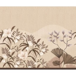 Mural Hevea con diseño de flores, bayas y hojas en abanico.