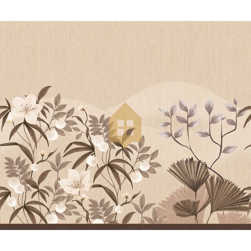 Mural Hevea con diseño de flores, bayas y hojas en abanico.