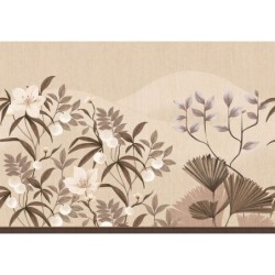 Mural Hevea con diseño de flores, bayas y hojas en abanico.