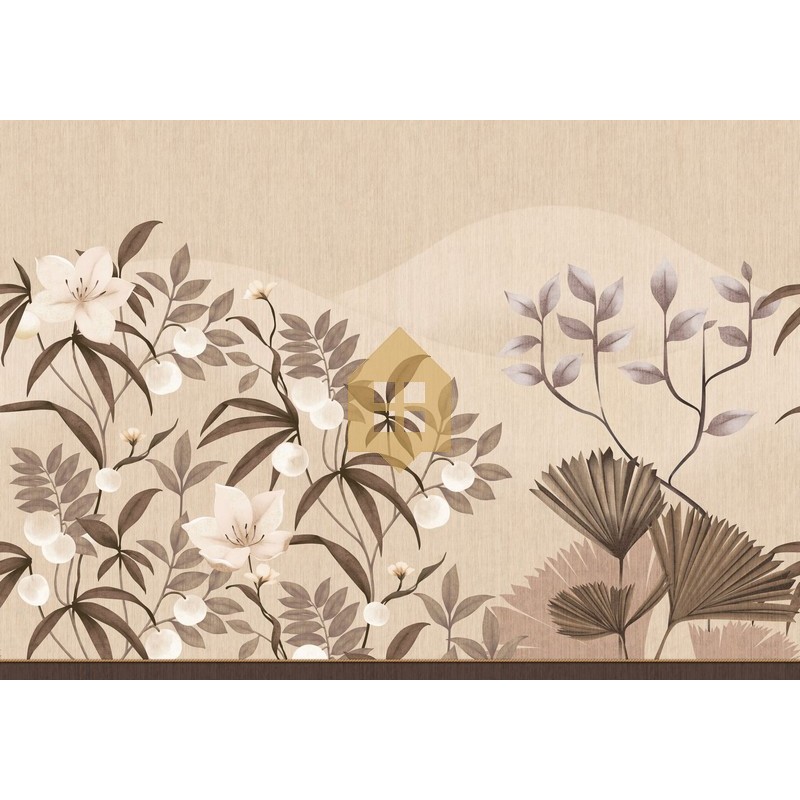 Mural Hevea con diseño de flores, bayas y hojas en abanico.
