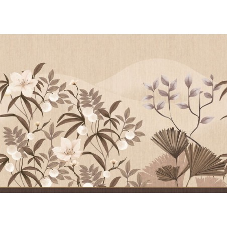 Mural Hevea con diseño de flores, bayas y hojas en abanico.