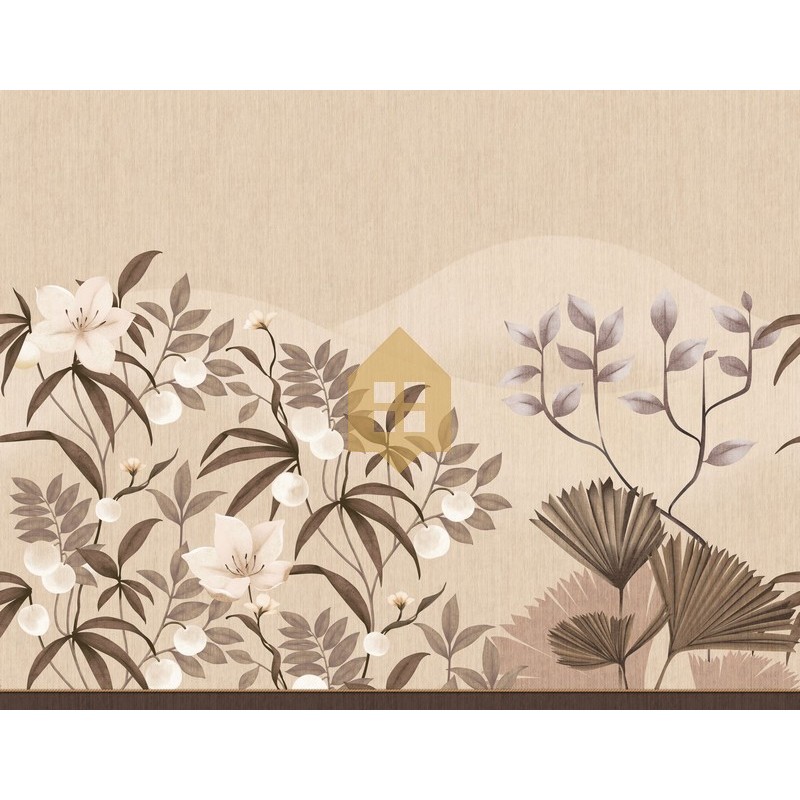 Mural Hevea con diseño de flores, bayas y hojas en abanico.
