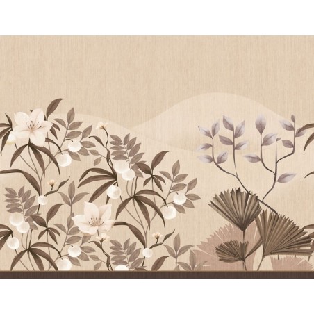 Mural Hevea con diseño de flores, bayas y hojas en abanico.