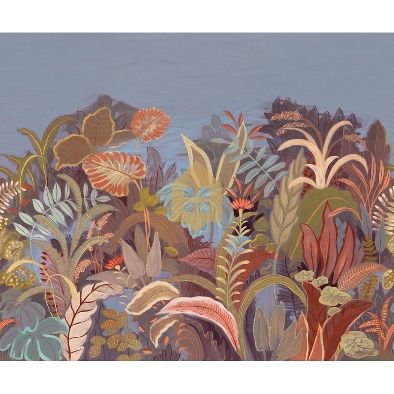 Mural panorámico Brasilia con diseño de selva artística y flores estrelladas.