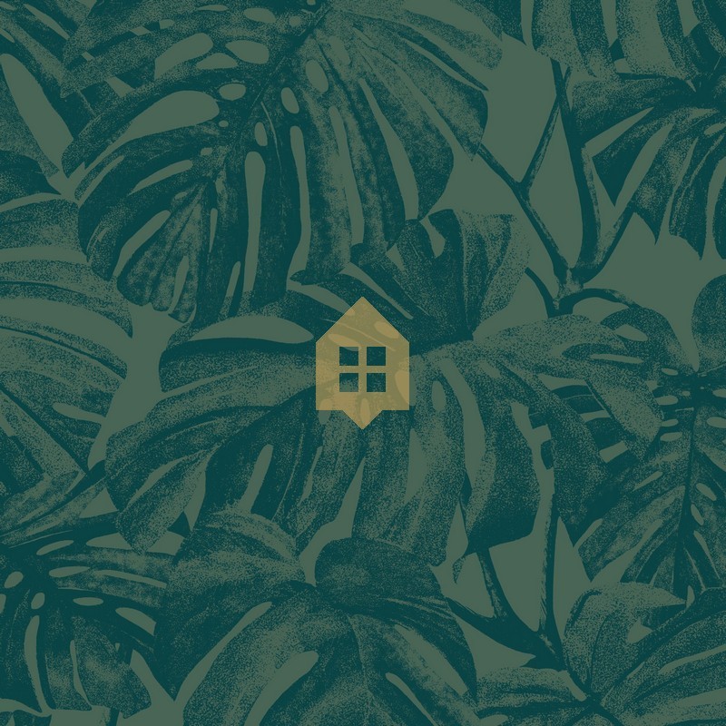 Papel pintado Mata con diseño de hojas de Monstera tipo estarcido.