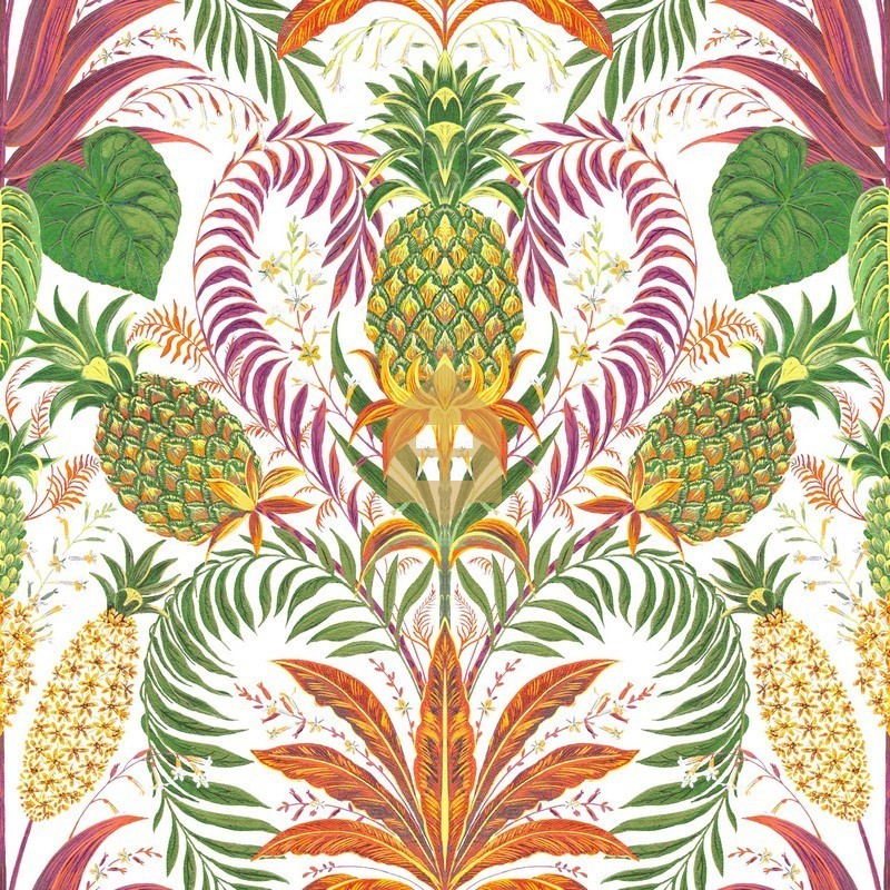 Papel pintado Samba con diseño repetitivo de frutas y flores tropicales.