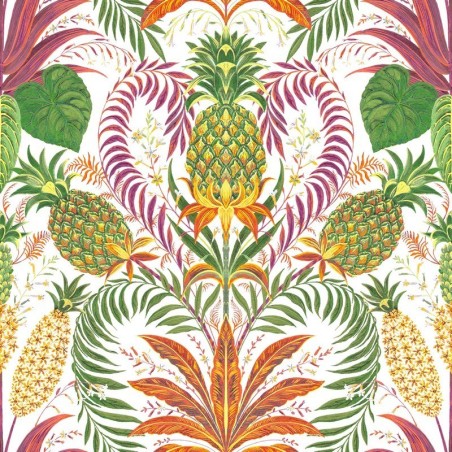 Papel pintado Samba con diseño repetitivo de frutas y flores tropicales.