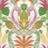 Papel pintado Samba con diseño repetitivo de frutas y flores tropicales.