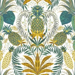 Papel pintado Samba con diseño repetitivo de frutas y flores tropicales.