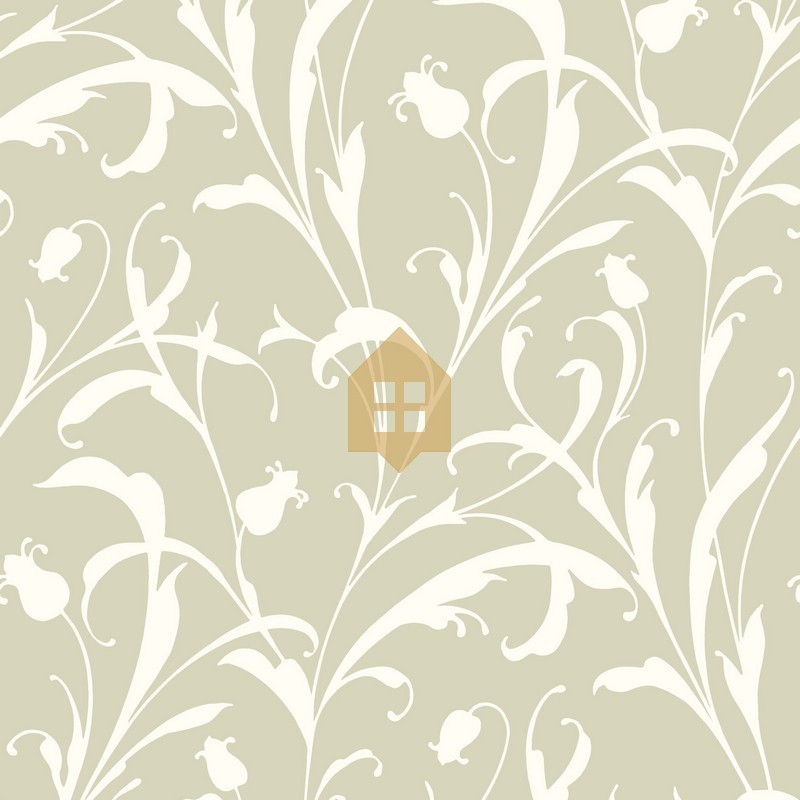 Papel pintado Opaline con diseño de arabescos vegetales y acabado de lujo.