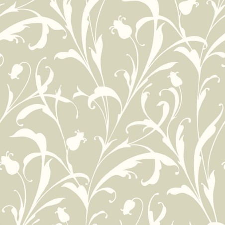 Papel pintado Opaline con diseño de arabescos vegetales y acabado de lujo.