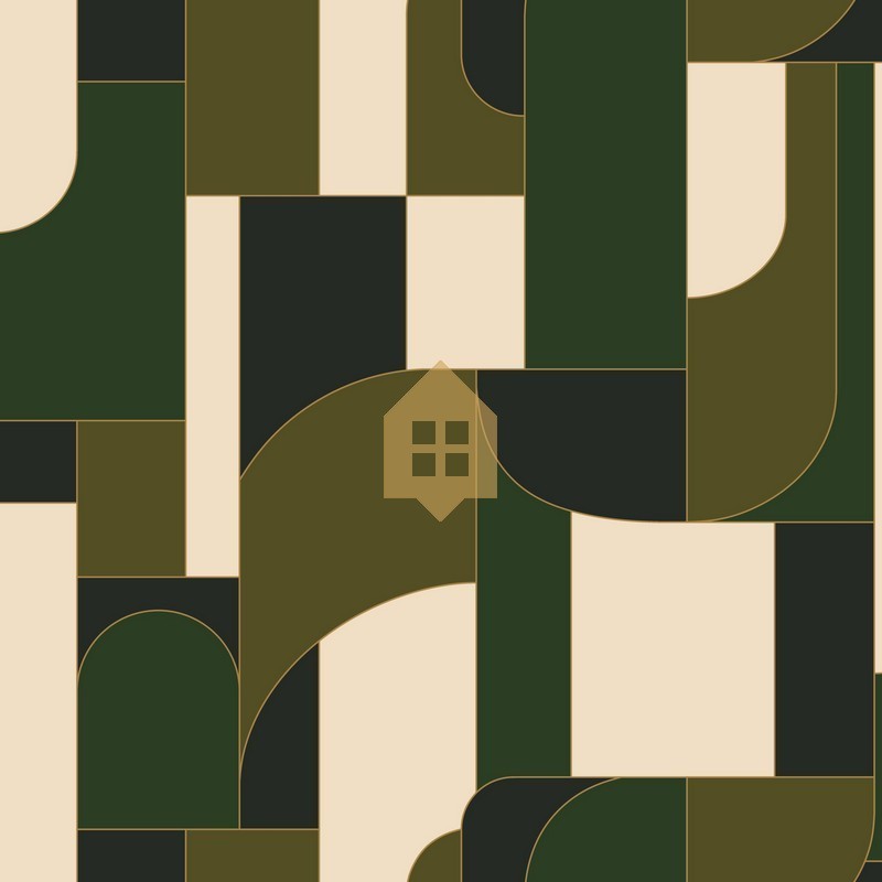 Papel pintado Achille con diseño geométrico Art déco y líneas doradas.