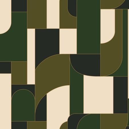 Papel pintado Achille con diseño geométrico Art déco y líneas doradas.