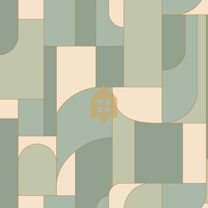 Papel pintado Achille con diseño geométrico Art déco y líneas doradas.