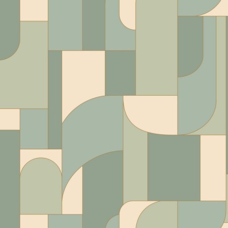 Papel pintado Achille con diseño geométrico Art déco y líneas doradas.