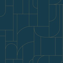 Papel pintado Achille con diseño geométrico Art déco y líneas doradas.