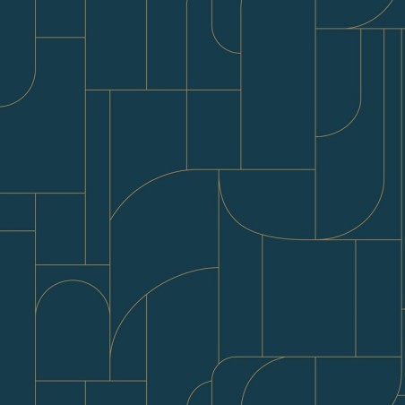 Papel pintado Achille con diseño geométrico Art déco y líneas doradas.