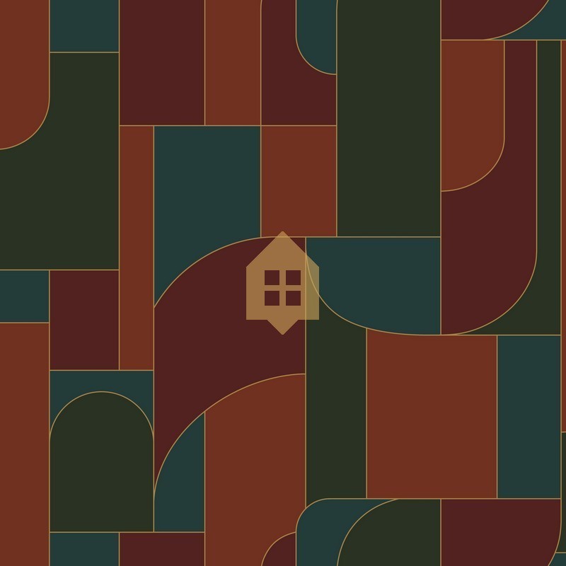 Papel pintado Achille con diseño geométrico Art déco y líneas doradas.