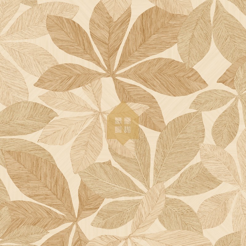 Papel pintado Lignaria con diseño vegetal y textura de madera.