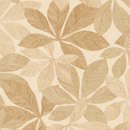 Papel pintado Lignaria con diseño vegetal y textura de madera.
