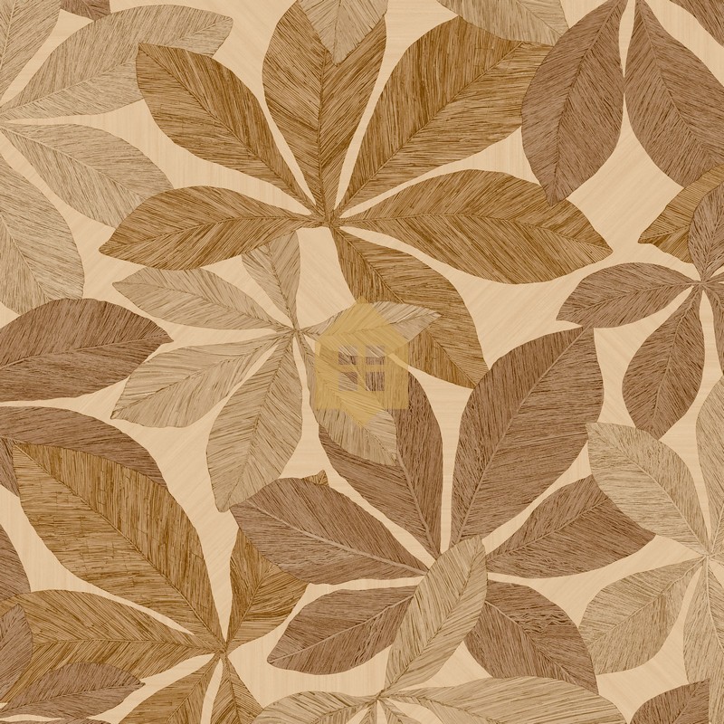 Papel pintado Lignaria con diseño vegetal y textura de madera.