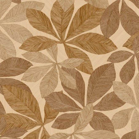 Papel pintado Lignaria con diseño vegetal y textura de madera.