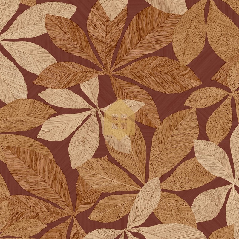 Papel pintado Lignaria con diseño vegetal y textura de madera.
