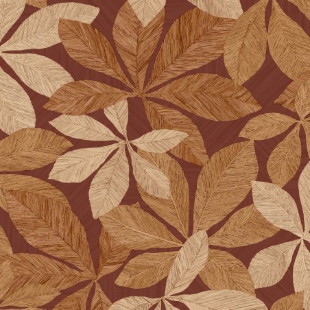 Papel pintado Lignaria con diseño vegetal y textura de madera.