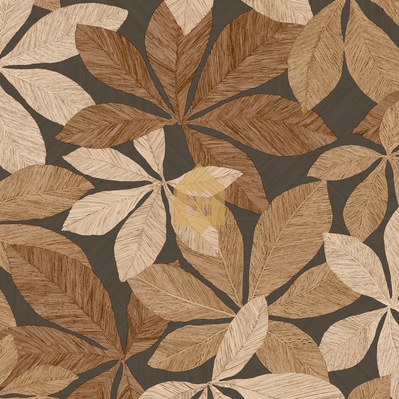 Papel pintado Lignaria con diseño vegetal y textura de madera.