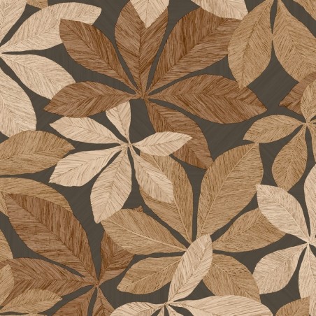 Papel pintado Lignaria con diseño vegetal y textura de madera.