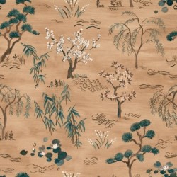 Papel pintado Legende con diseño de plantas japonesas y caligrafía.