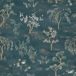 Papel pintado Legende con diseño de plantas japonesas y caligrafía.