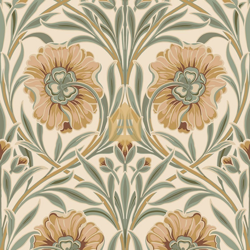 Papel pintado Isadora con diseño de grandes claveles estilizados.