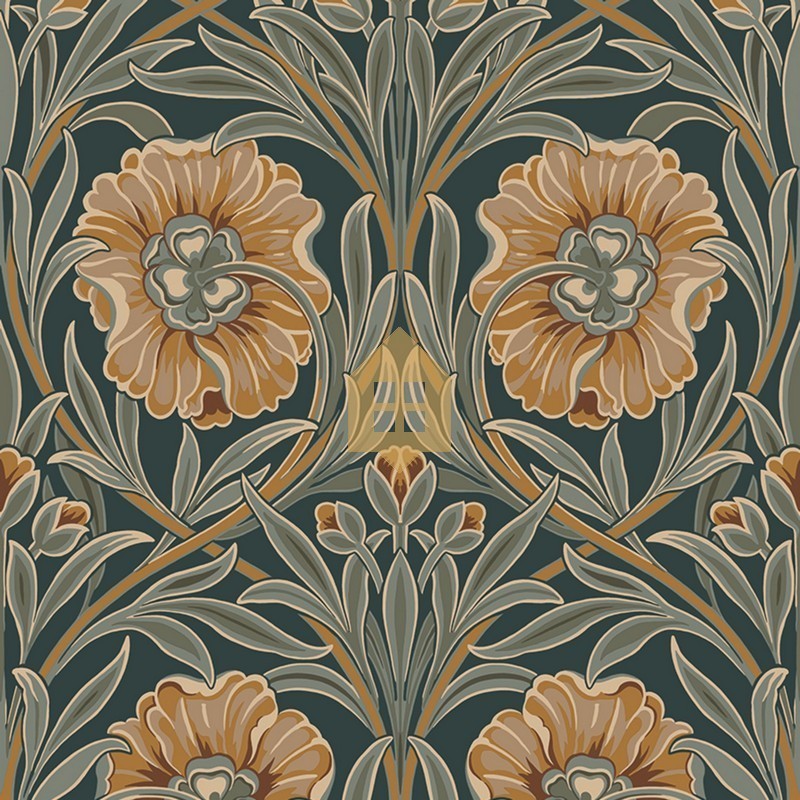 Papel pintado Isadora con diseño de grandes claveles estilizados.