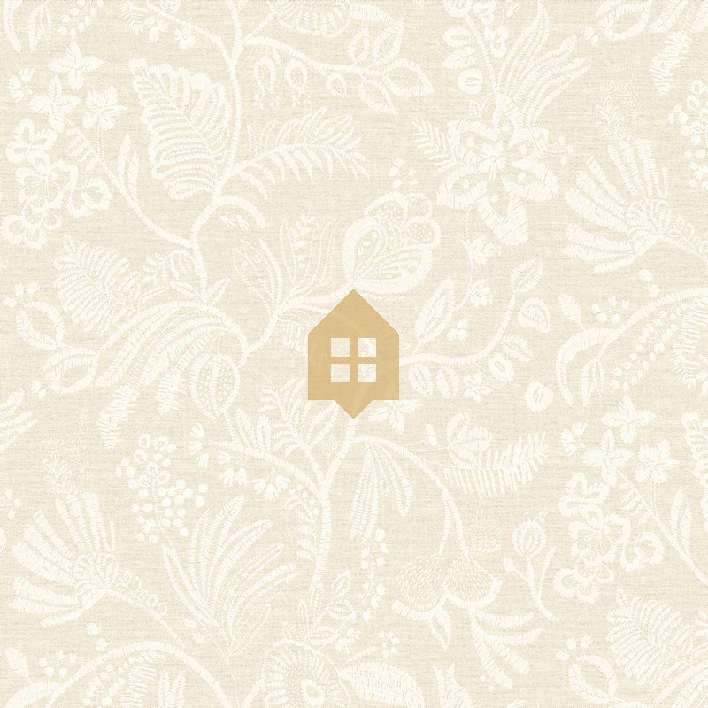 Papel pintado Pastel con diseño de flores bordadas sobre fondo textil.