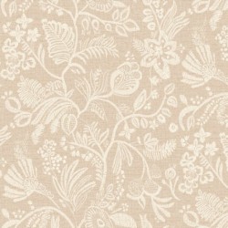 Papel pintado Pastel con diseño de flores bordadas sobre fondo textil.