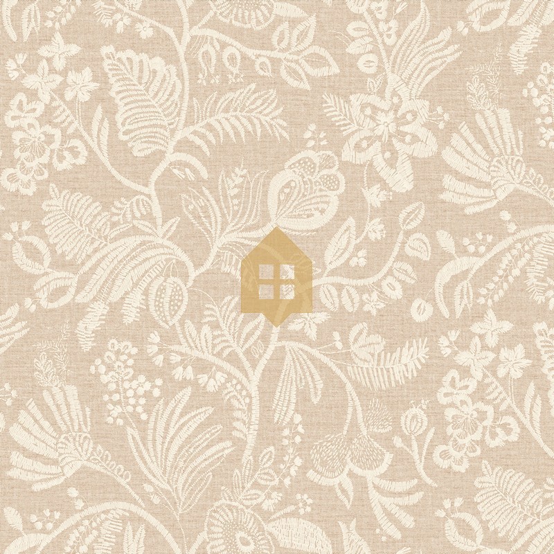 Papel pintado Pastel con diseño de flores bordadas sobre fondo textil.